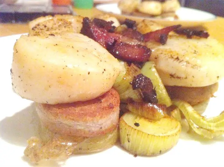Leeks with scallops, white pudding and bacon butter, Lay The Table