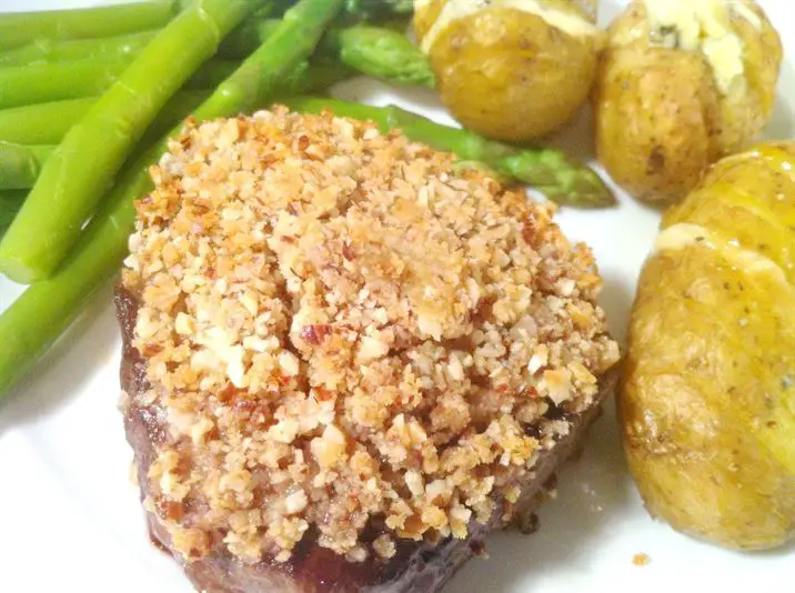 Fillet Steak with a Hazelnut Crust, Blue Cheese-Stuffed New Potatoes and Asparagus, Lay The Table