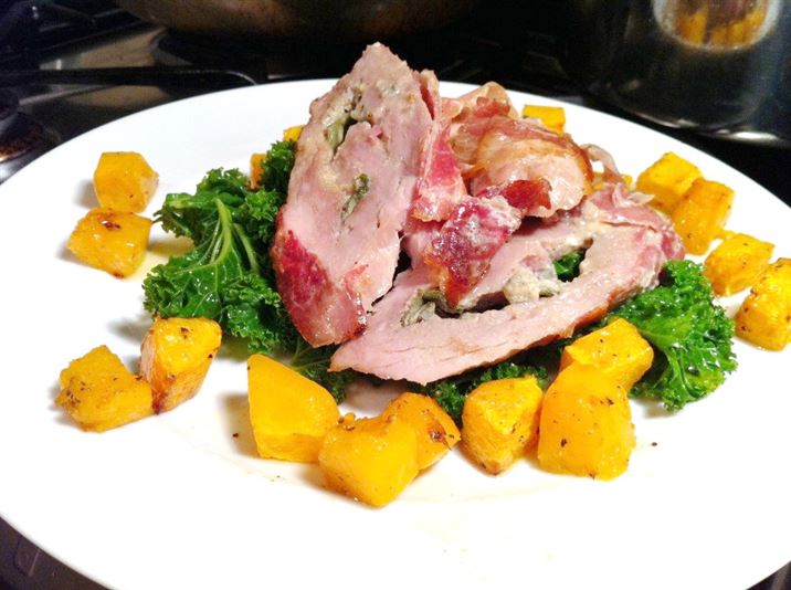 Sous Vide Pork Fillet Stuffed with Sage and Stilton with Curly Kale and Roast Squash, Lay The Table