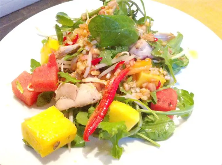 Roast Chicken, Beansprouts, Mango and Watermelon Salad with Wagamama Salad Dressing, Lay The Table