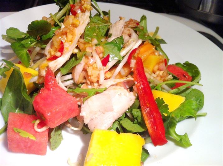 Roast Chicken, Beansprouts, Mango and Watermelon Salad with Wagamama Salad Dressing, Lay The Table