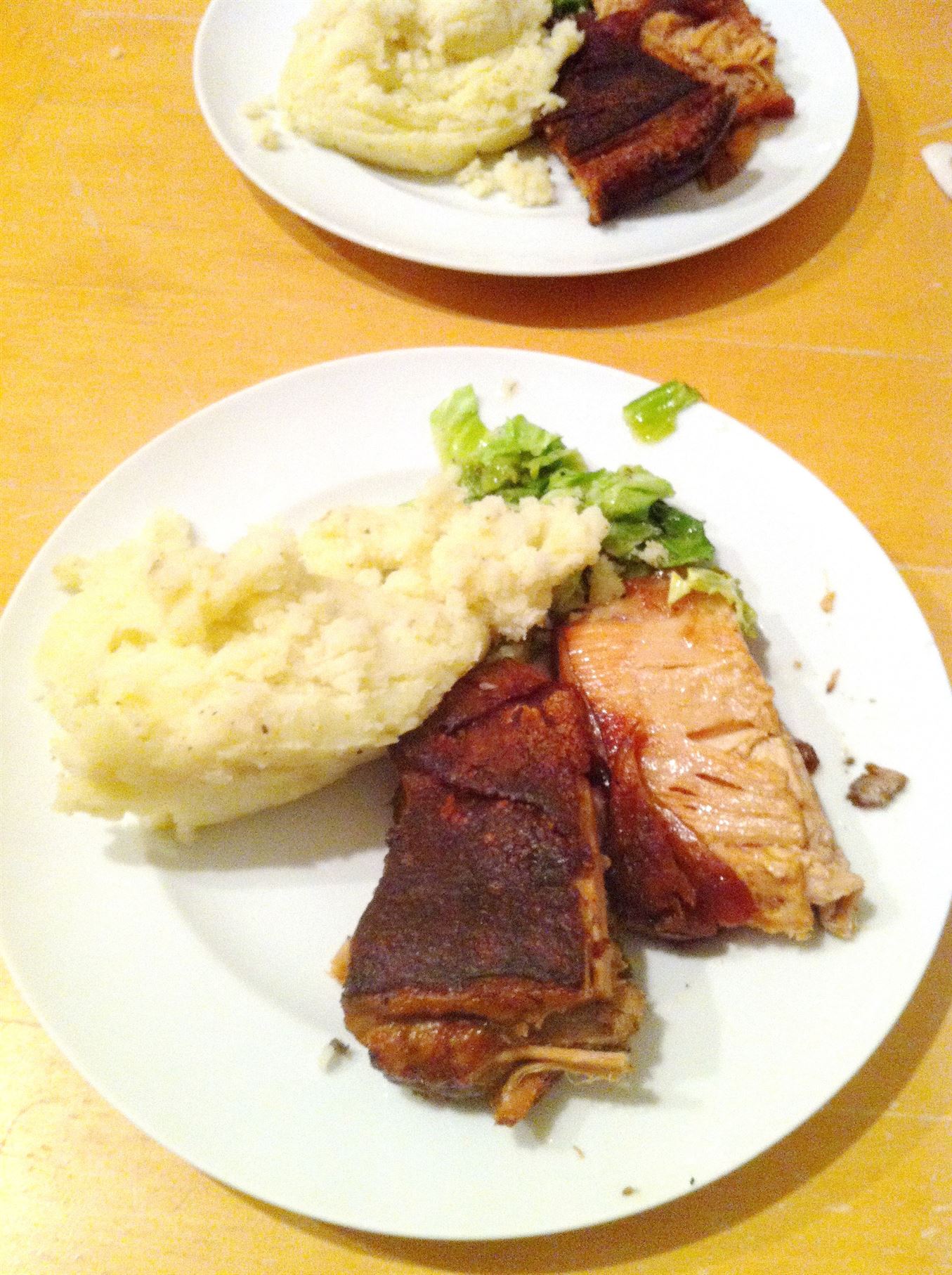 Blackened Crispy Pork Belly with Mash and Buttered Cabbage, Lay The Table