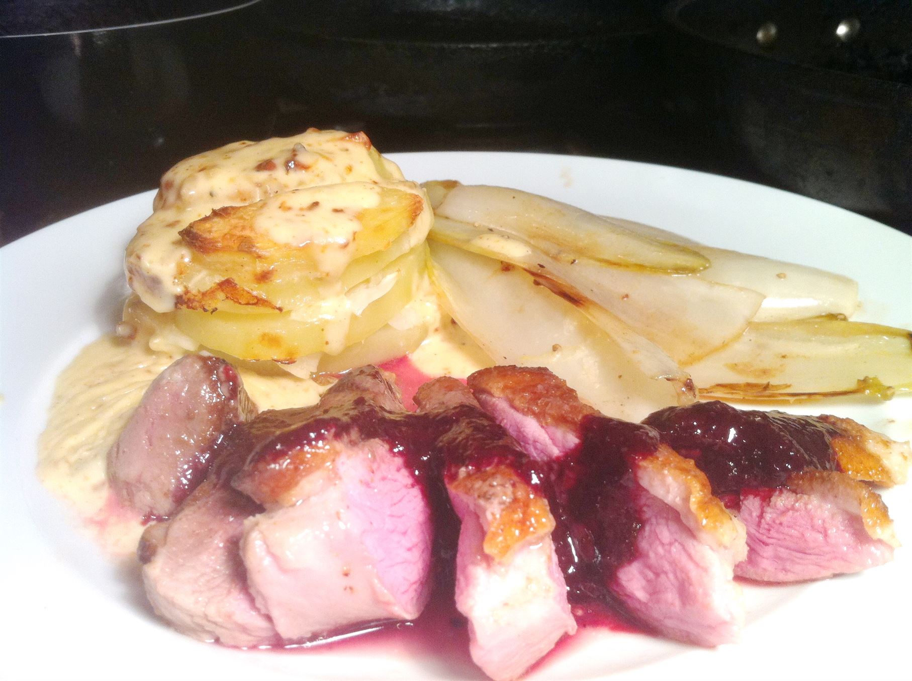 Sous Vide Duck Breasts with Blackberry Sauce, Chicory and Dauphinoise Potatoes, Lay The Table