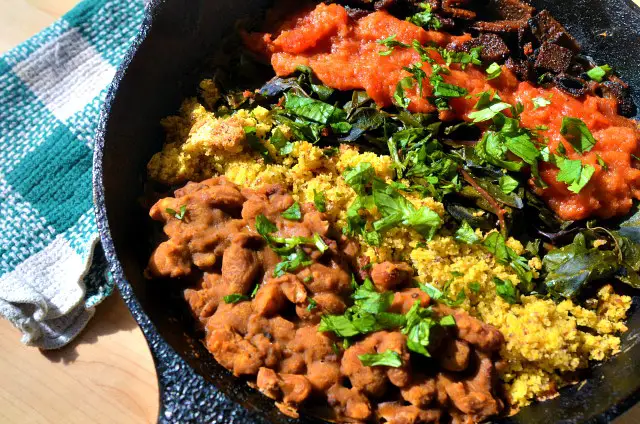 Smokey Vegan Pinto Bean Bowls w/ Stewed Tomatoes and Cornbread, Lay The Table